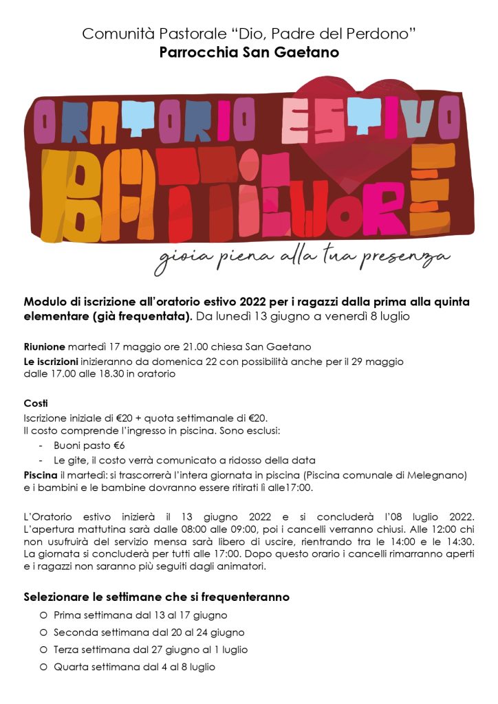 iscrizione oratorio estivo 2022 san gaetano